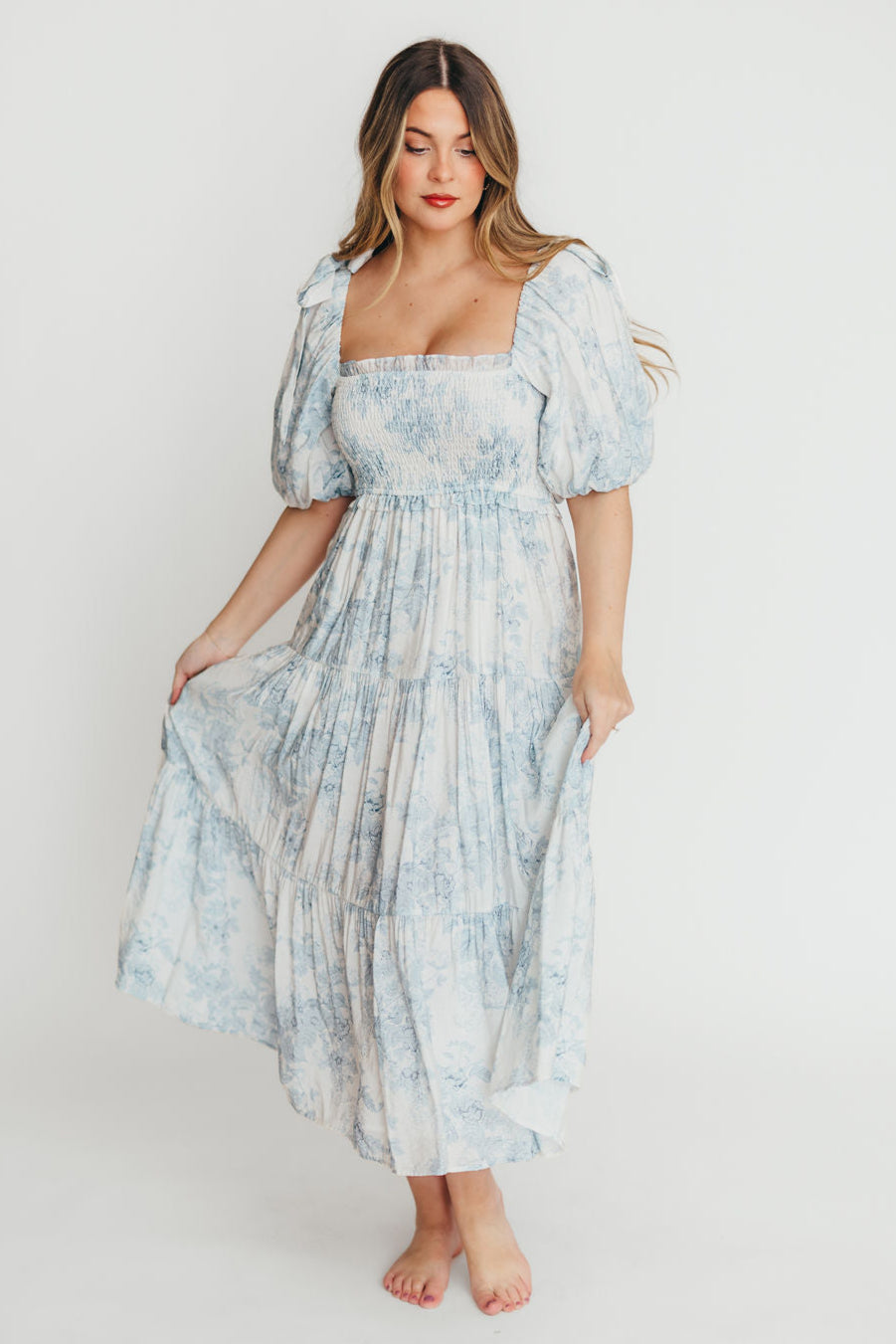 Elena Floral Print Smocked Midi Dress in Blue - Bump Friendly & Inclusive Sizing