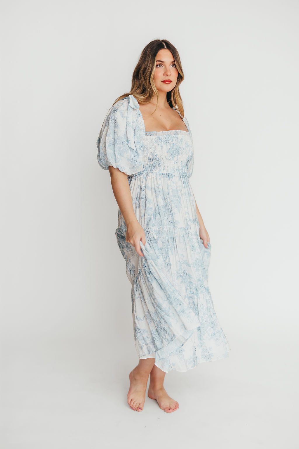 Elena Floral Print Smocked Midi Dress in Blue - Bump Friendly & Inclusive Sizing