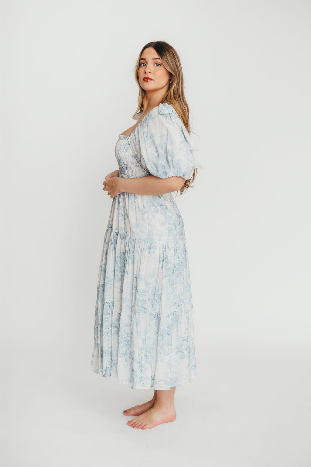 Elena Floral Print Smocked Midi Dress in Blue - Bump Friendly & Inclusive Sizing