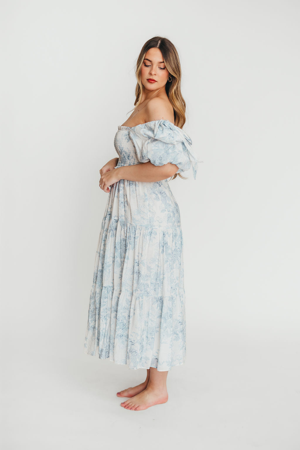 Elena Floral Print Smocked Midi Dress in Blue - Bump Friendly & Inclusive Sizing