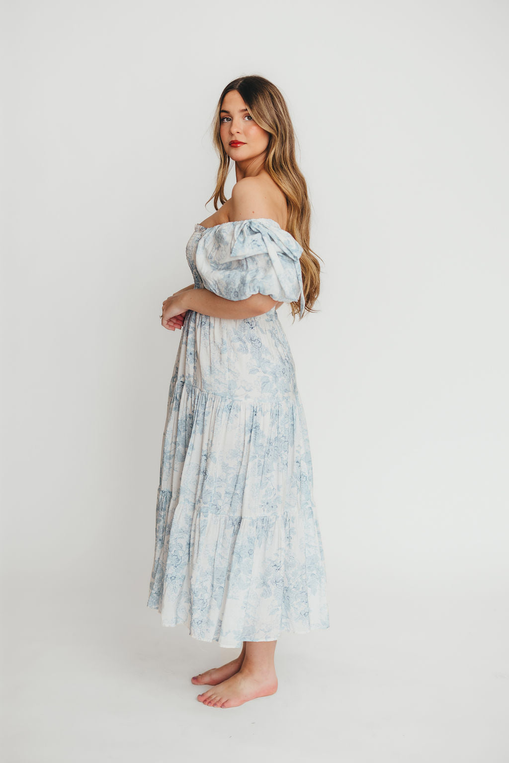 Elena Floral Print Smocked Midi Dress in Blue - Bump Friendly & Inclusive Sizing