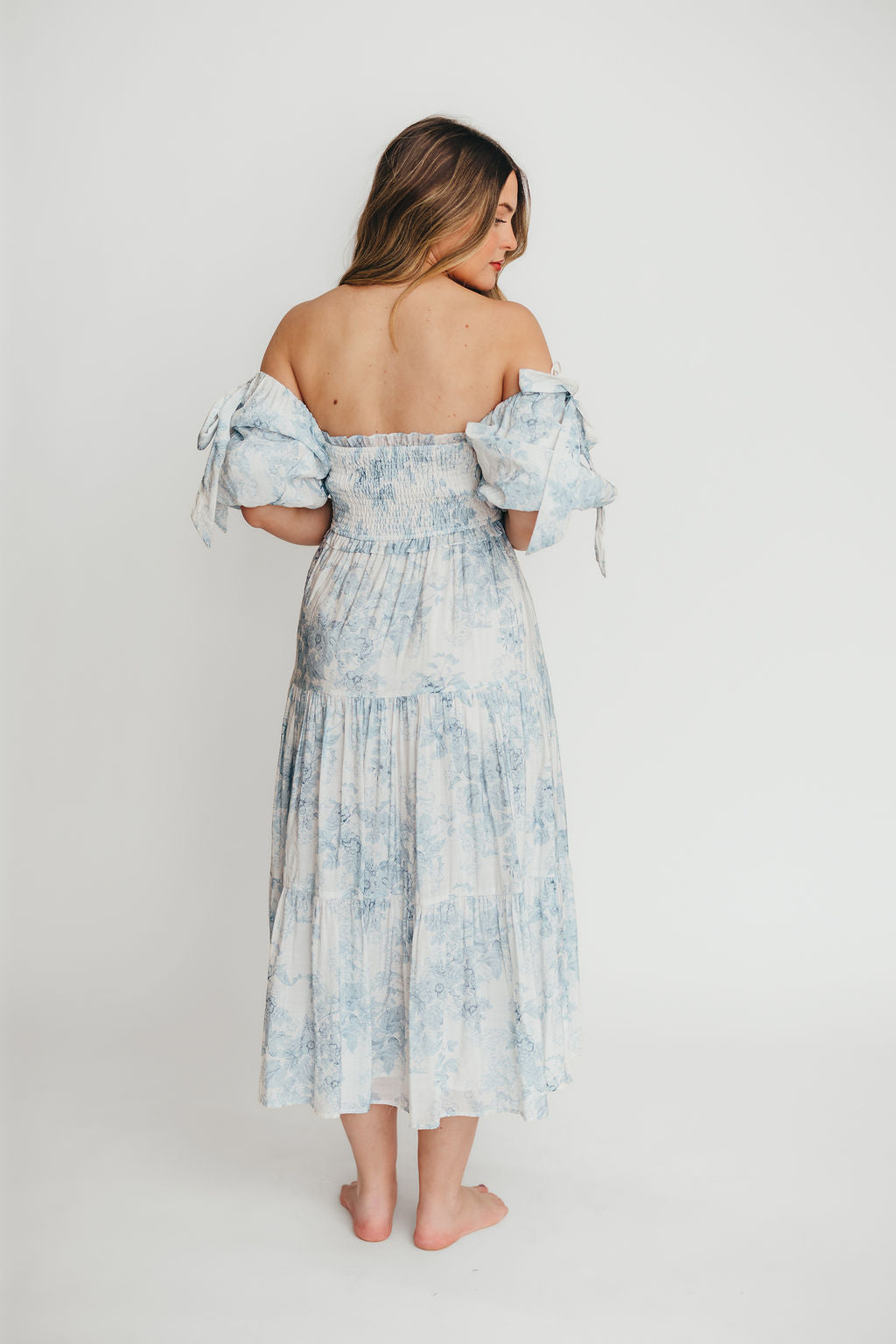 Elena Floral Print Smocked Midi Dress in Blue - Bump Friendly & Inclusive Sizing