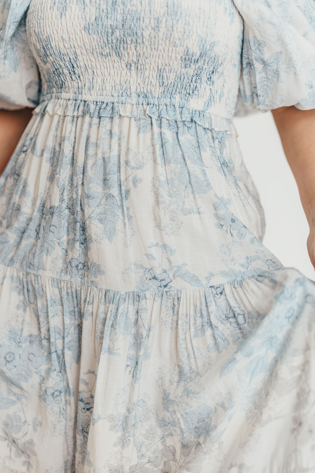 Elena Floral Print Smocked Midi Dress in Blue - Bump Friendly & Inclusive Sizing