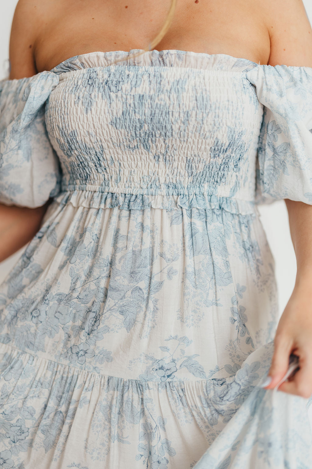 Elena Floral Print Smocked Midi Dress in Blue - Bump Friendly & Inclusive Sizing