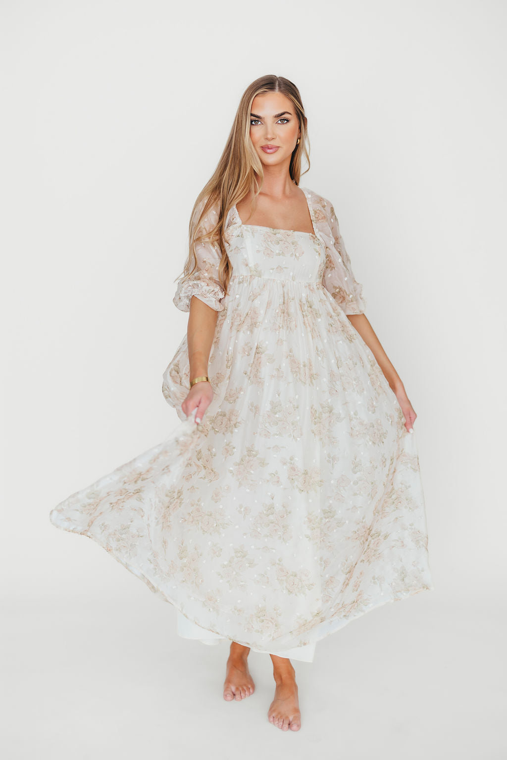 Mona Maxi Dress with Smocking in Cream Floral - Bump Friendly & Inclusive Sizing (S-3XL)