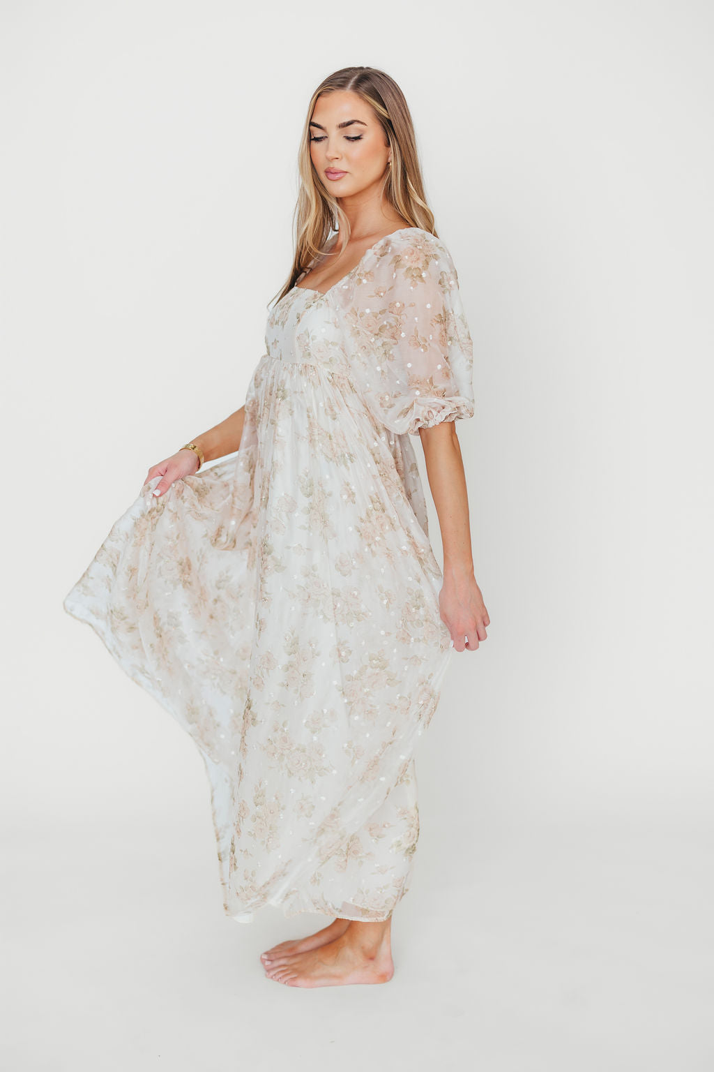 Mona Maxi Dress with Smocking in Cream Floral - Bump Friendly & Inclusive Sizing (S-3XL)