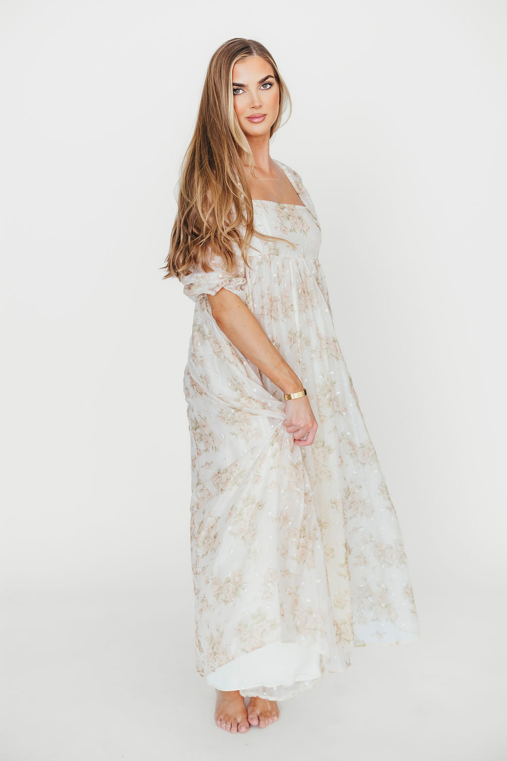 Mona Maxi Dress with Smocking in Cream Floral - Bump Friendly & Inclusive Sizing (S-3XL)