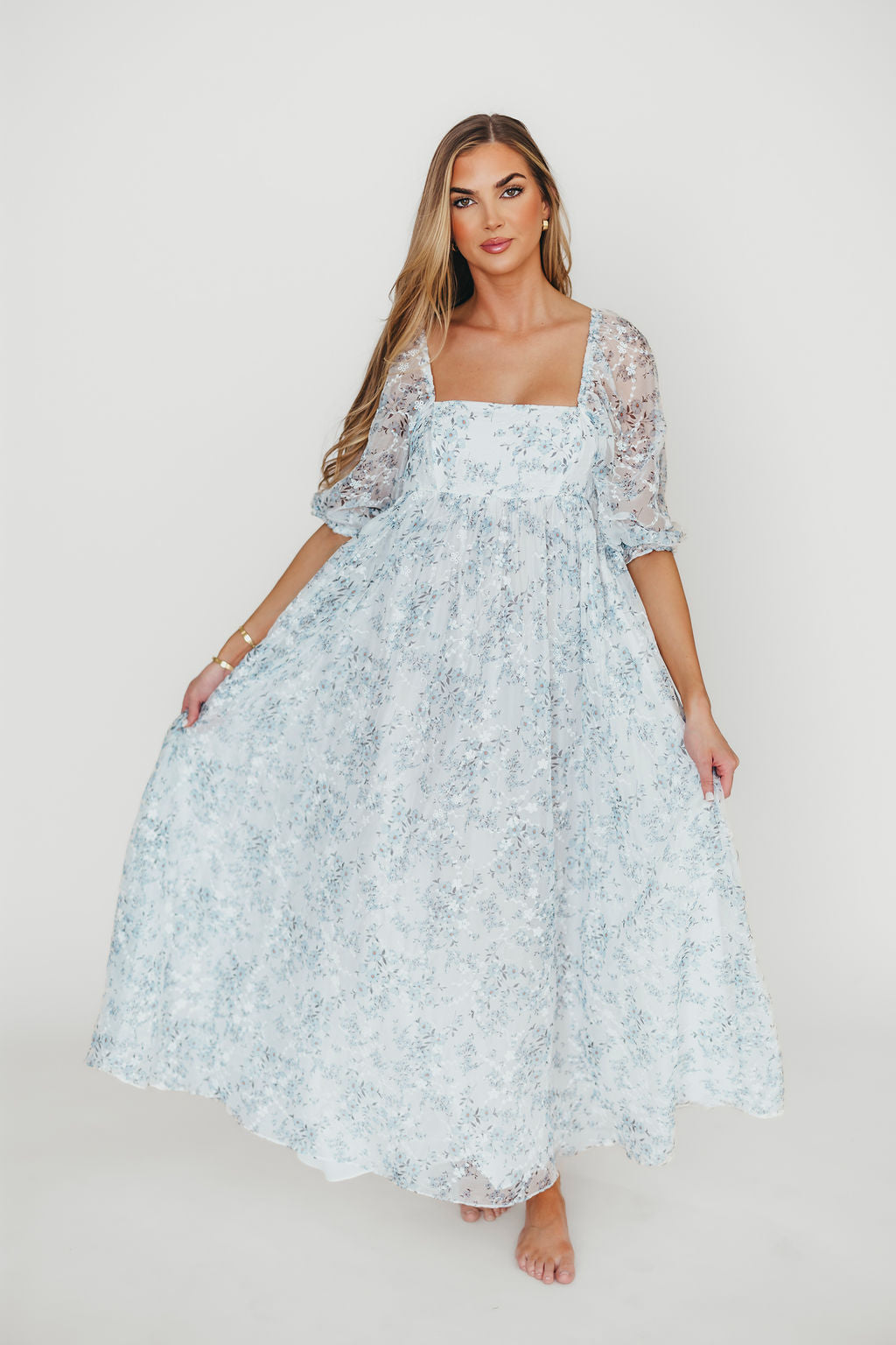 Mona Maxi Dress with Smocking in Blue White - Bump Friendly & Inclusive Sizing (S-3XL)