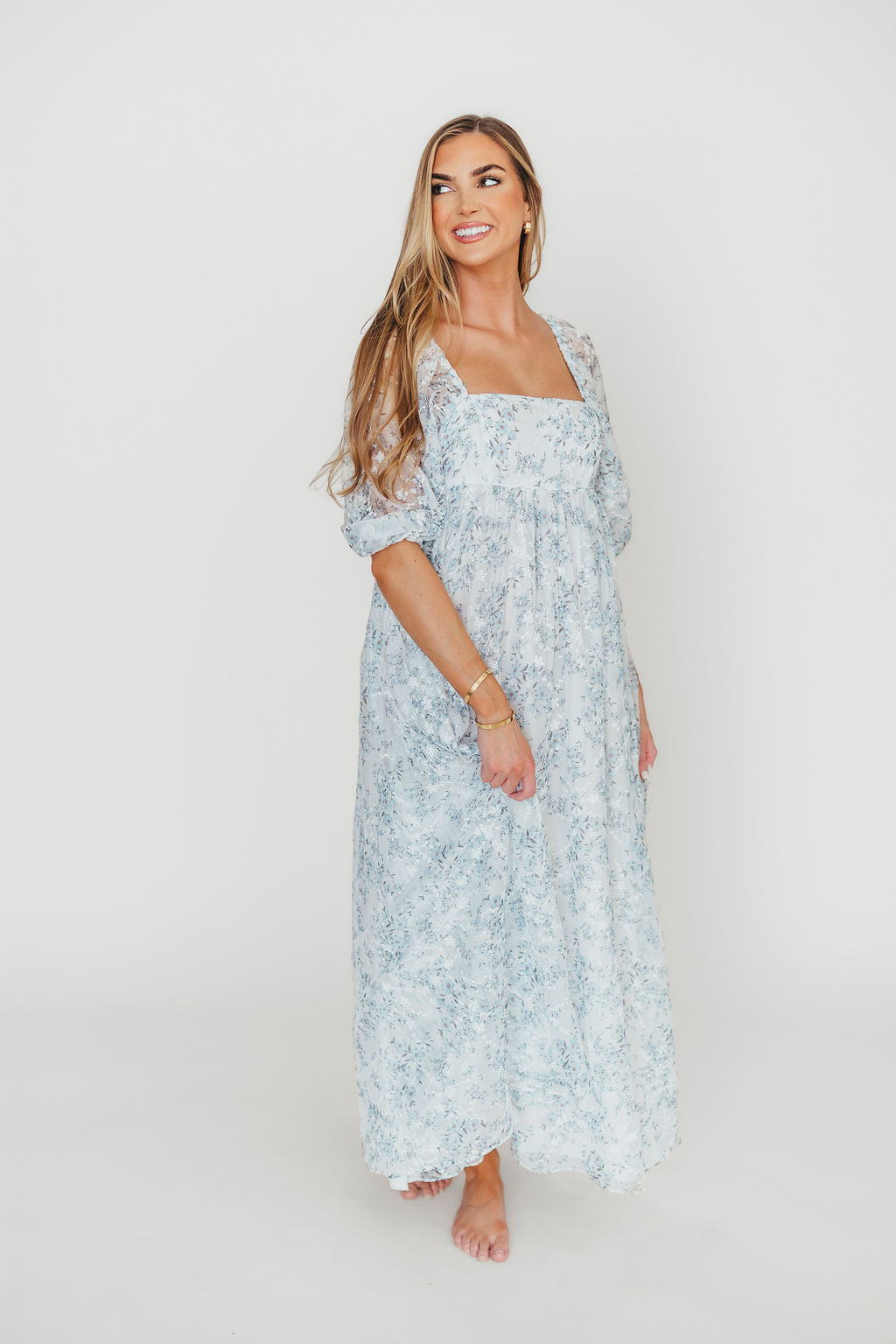 Mona Maxi Dress with Smocking in Blue White - Bump Friendly & Inclusive Sizing (S-3XL)