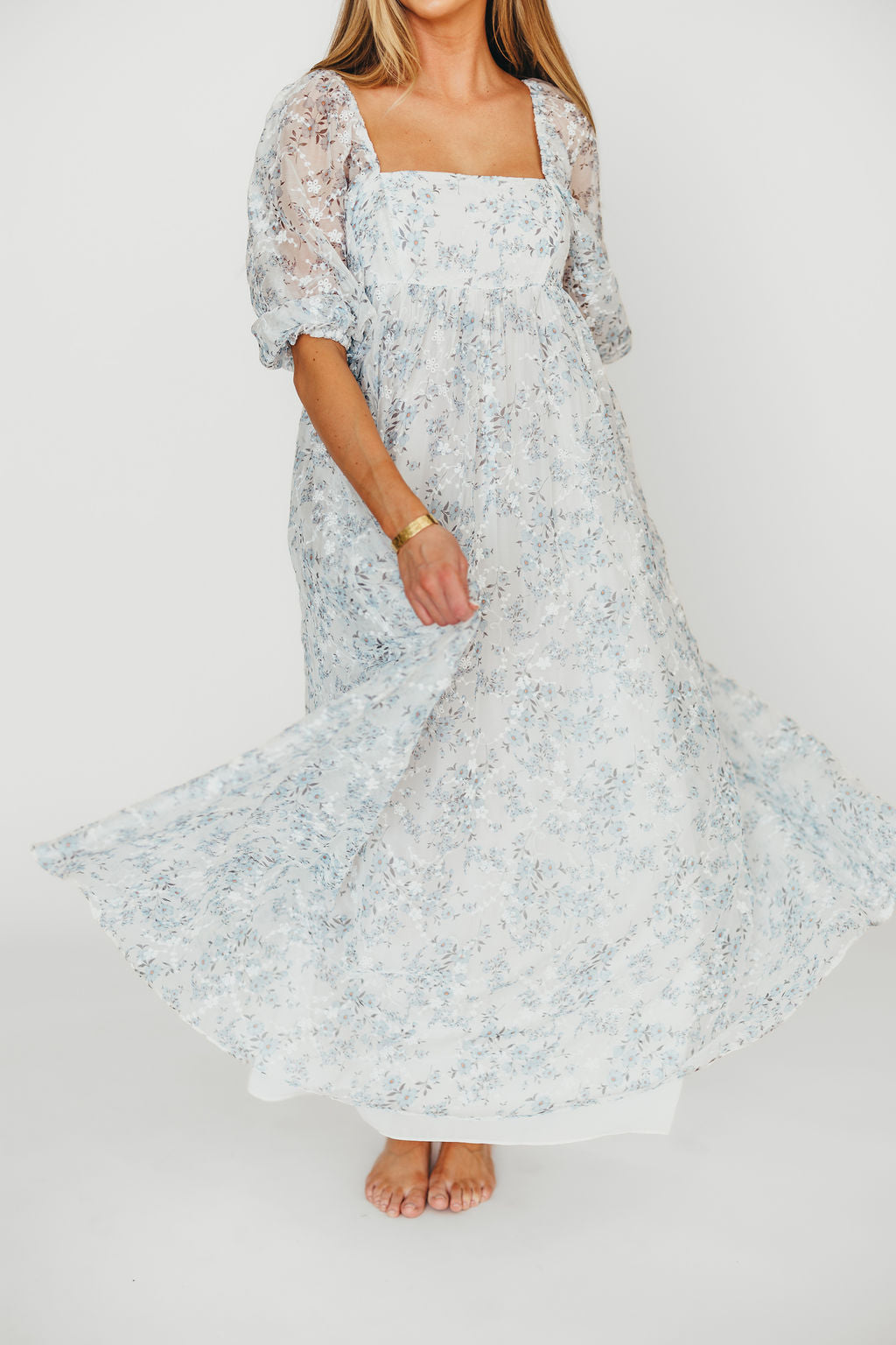 Mona Maxi Dress with Smocking in Blue White - Bump Friendly & Inclusive Sizing (S-3XL)