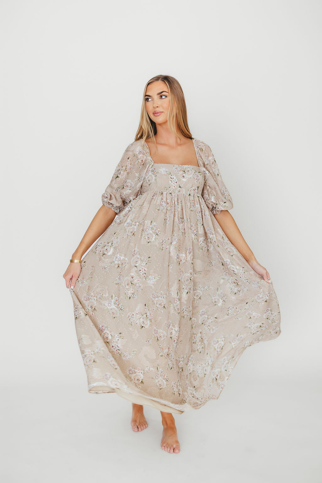 Mona Maxi Dress in Beige/Brown Floral - Bump Friendly