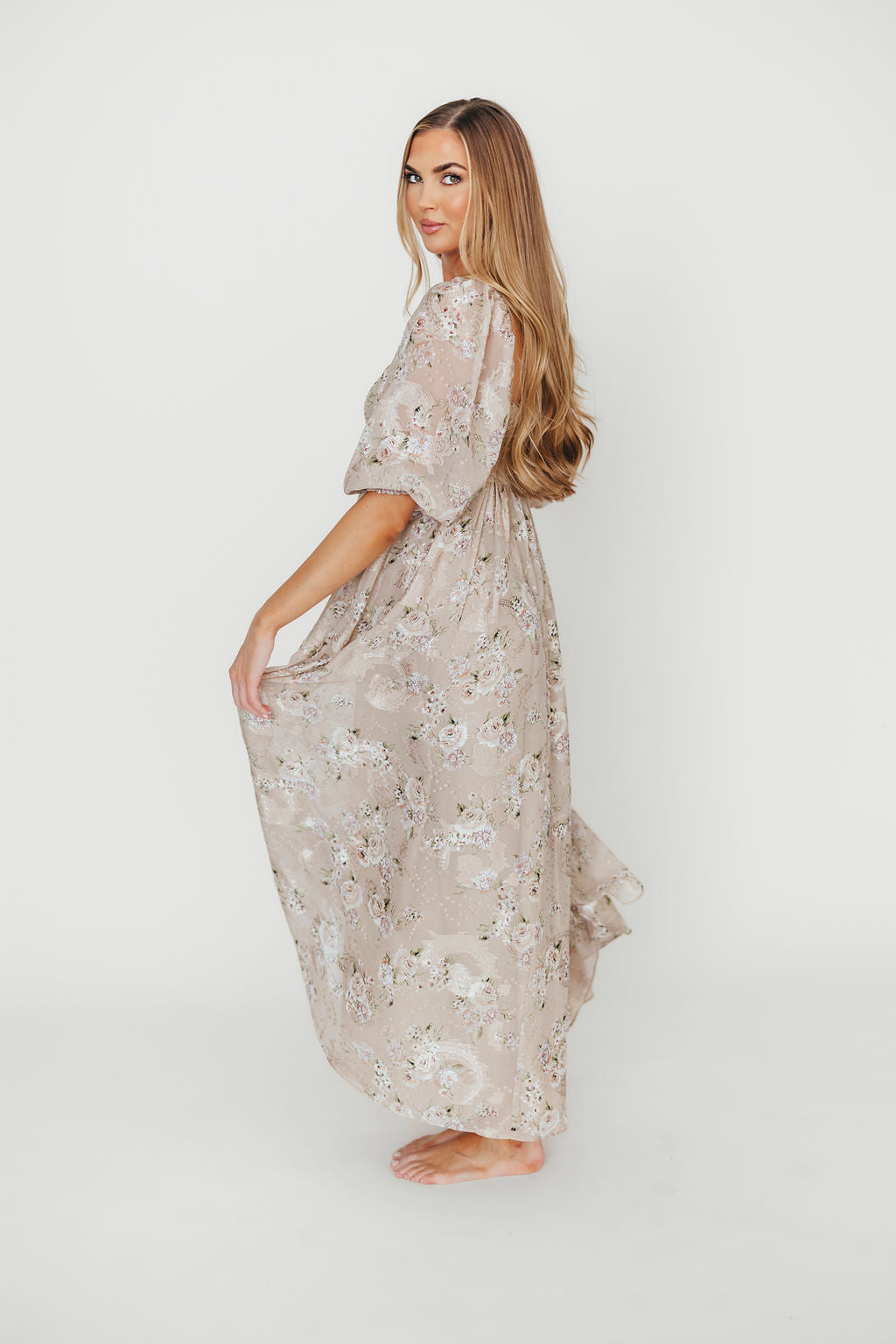 Mona Maxi Dress in Beige/Brown Floral - Bump Friendly