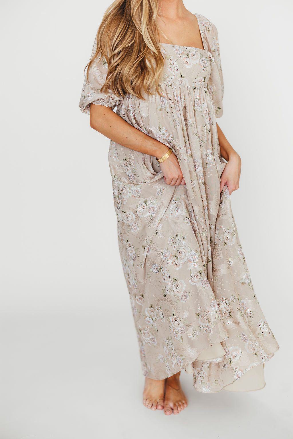 Mona Maxi Dress in Beige/Brown Floral - Bump Friendly