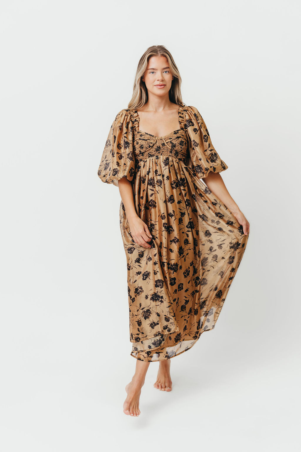 Harlow Camel & Black Floral Maxi Dress with Stretchy Neckline - Bump Friendly (Final Few)