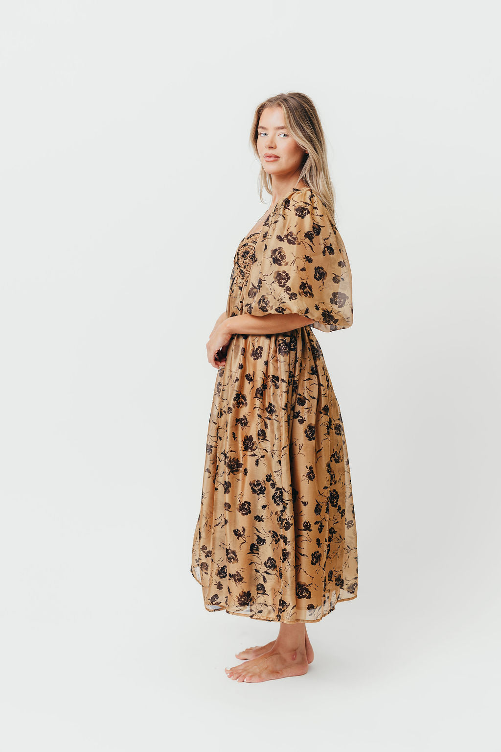 Harlow Camel & Black Floral Maxi Dress with Stretchy Neckline - Bump Friendly (Final Few)