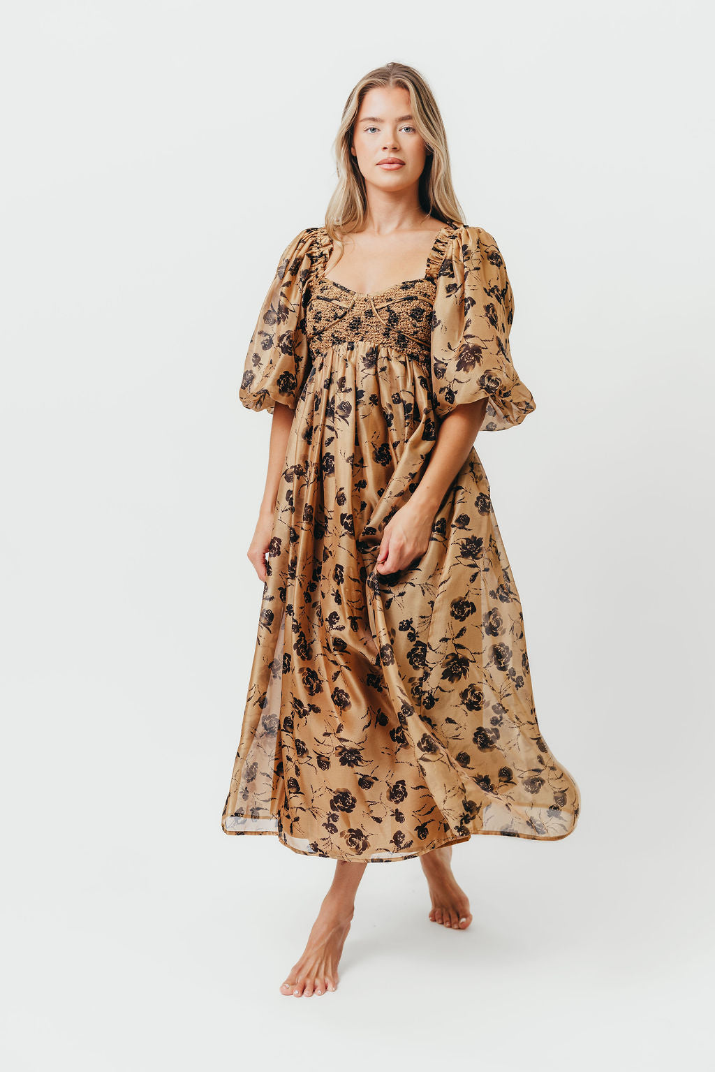 Harlow Camel & Black Floral Maxi Dress with Stretchy Neckline - Bump Friendly (Final Few)