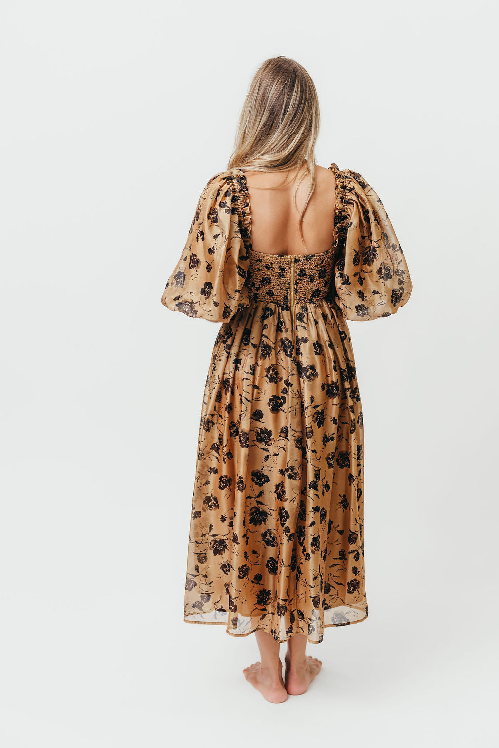 Harlow Camel & Black Floral Maxi Dress with Stretchy Neckline - Bump Friendly (Final Few)