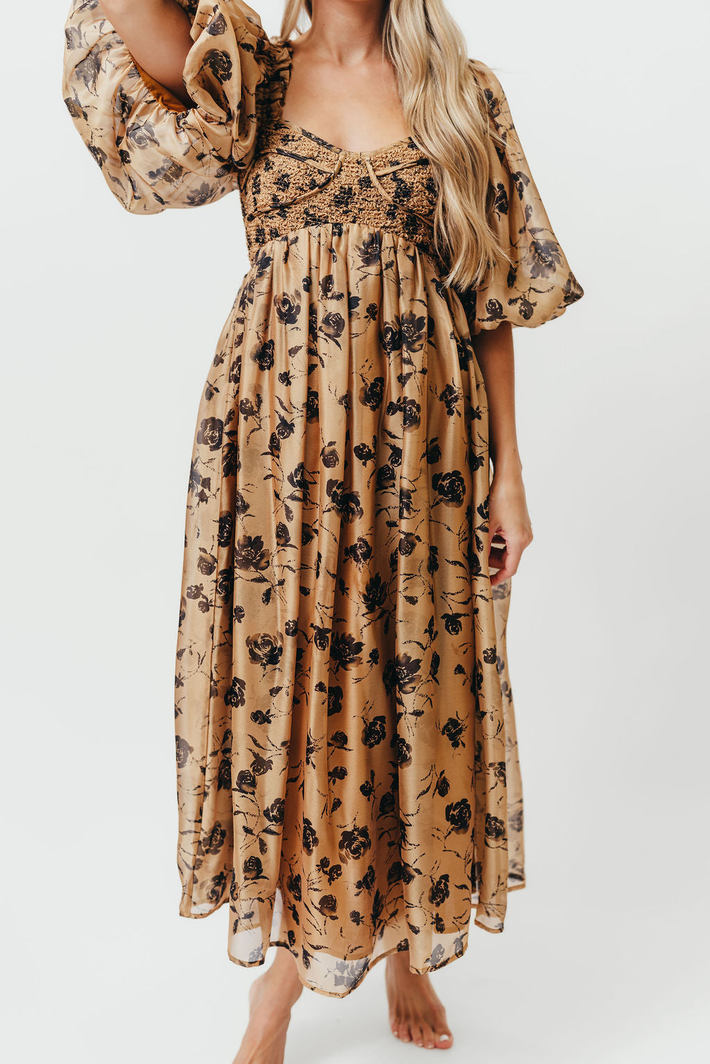 Harlow Camel & Black Floral Maxi Dress with Stretchy Neckline - Bump Friendly (Final Few)
