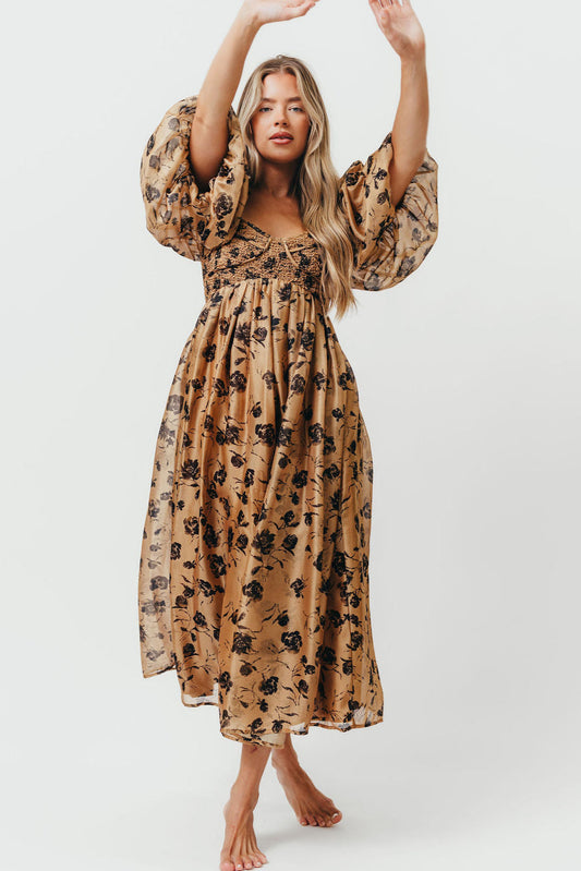 Harlow Camel & Black Floral Maxi Dress with Stretchy Neckline - Bump Friendly (Final Few)