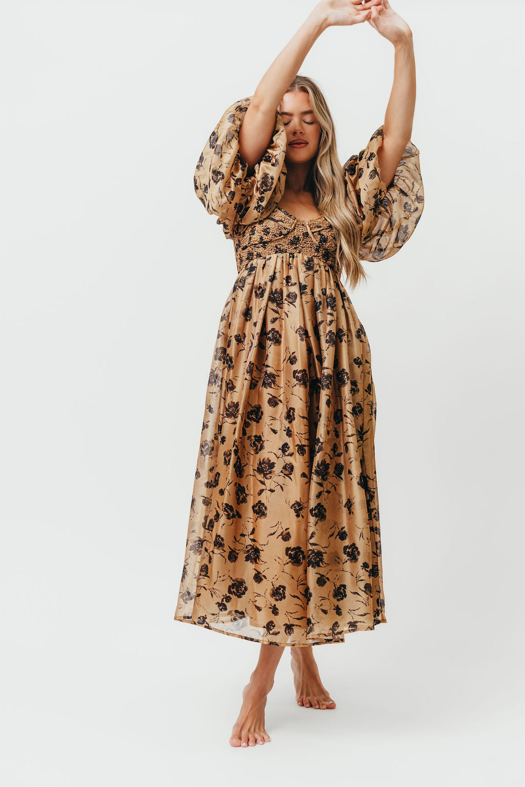 Harlow Camel & Black Floral Maxi Dress with Stretchy Neckline - Bump Friendly (Final Few)