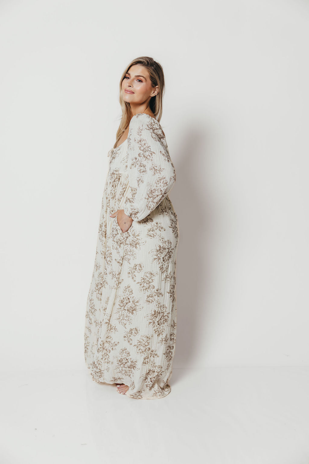 Peyton 100% Cotton Maxi Dress in Brown Floral - Bump Friendly