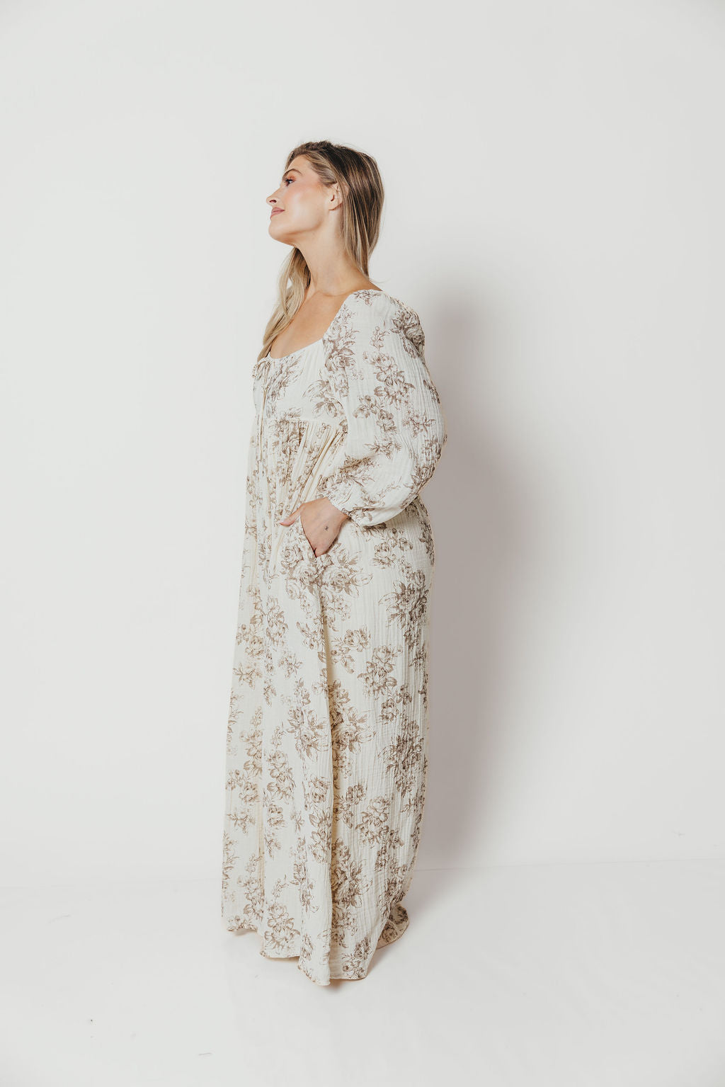 Peyton 100% Cotton Maxi Dress in Brown Floral - Bump Friendly