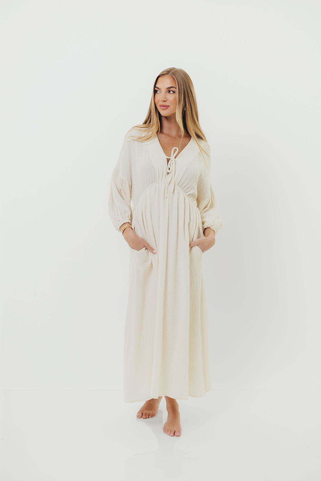 Hunter 100% Cotton Gauze Midi Dress in Soy - Bump Friendly