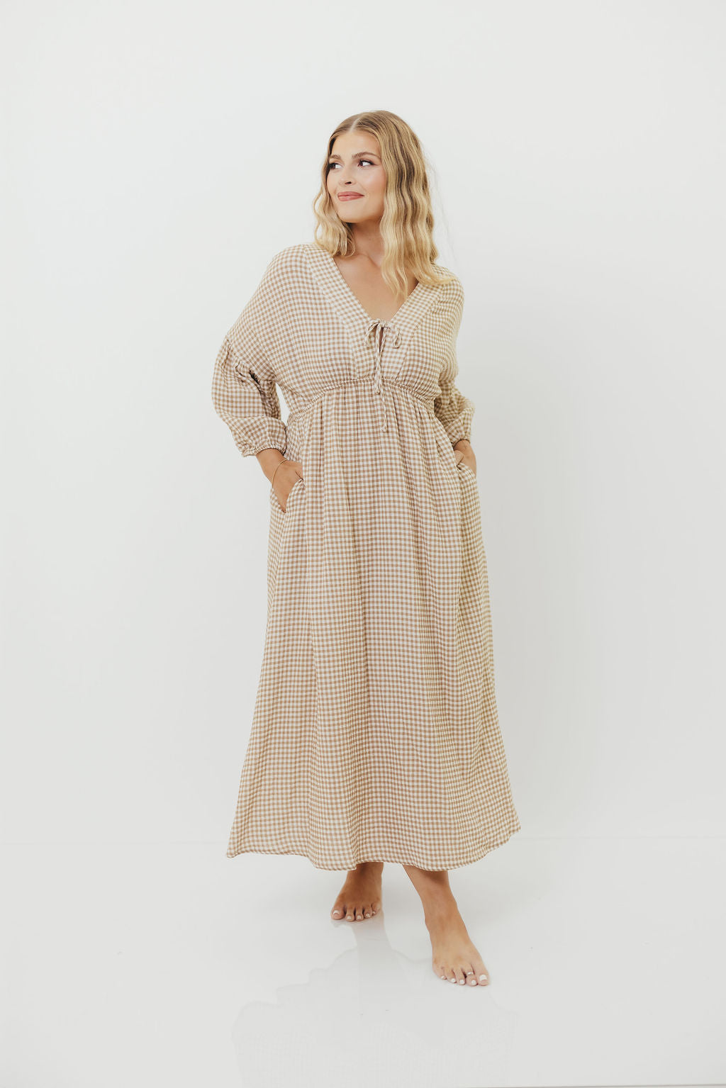 Hunter Printed Gauze Midi Dress in Natural Plaid - Bump Friendly