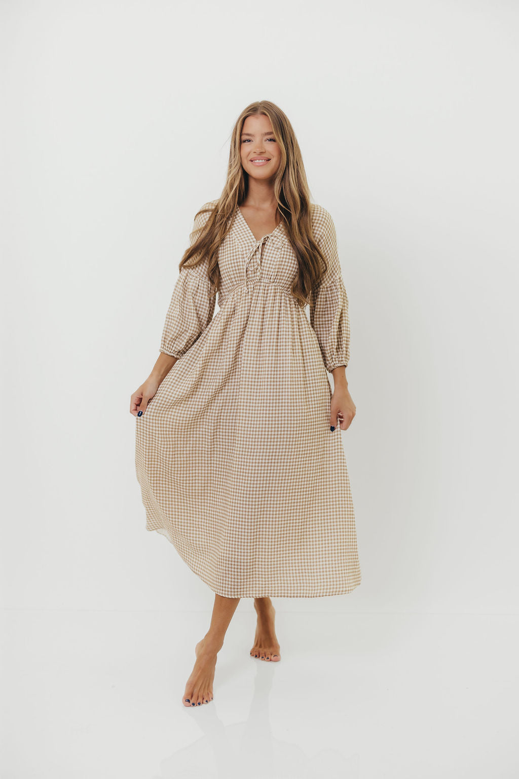 Hunter Printed Gauze Midi Dress in Natural Plaid - Bump Friendly