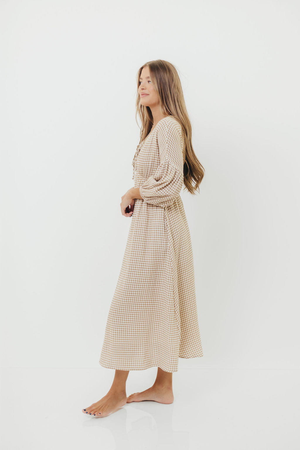Hunter Printed Gauze Midi Dress in Natural Plaid - Bump Friendly