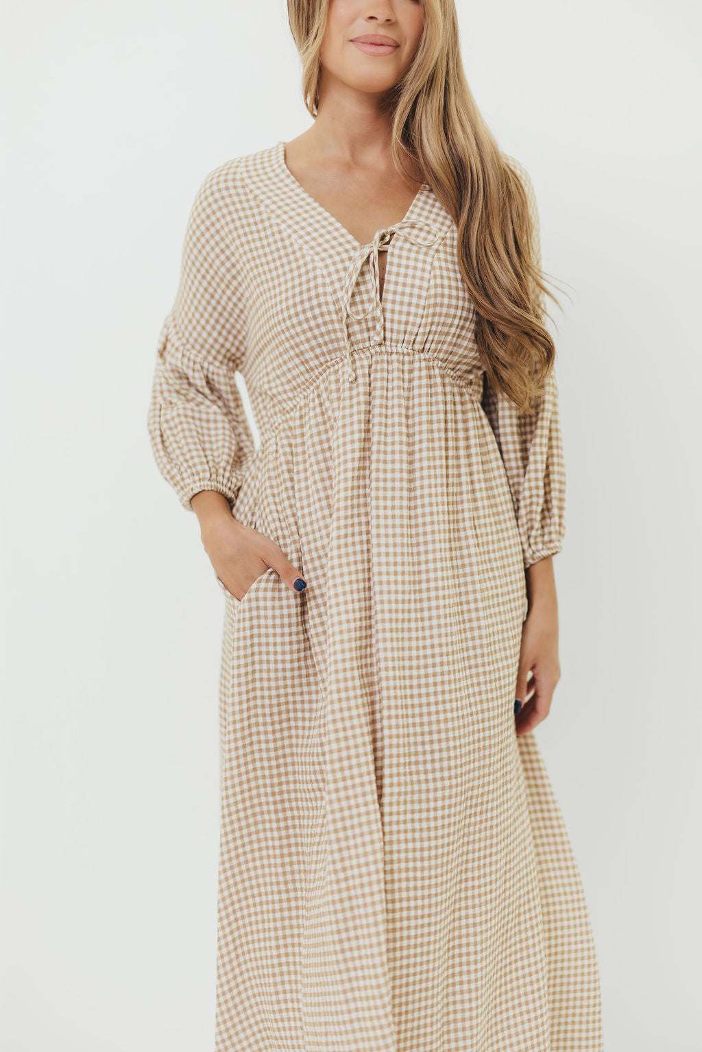 Hunter Printed Gauze Midi Dress in Natural Plaid - Bump Friendly