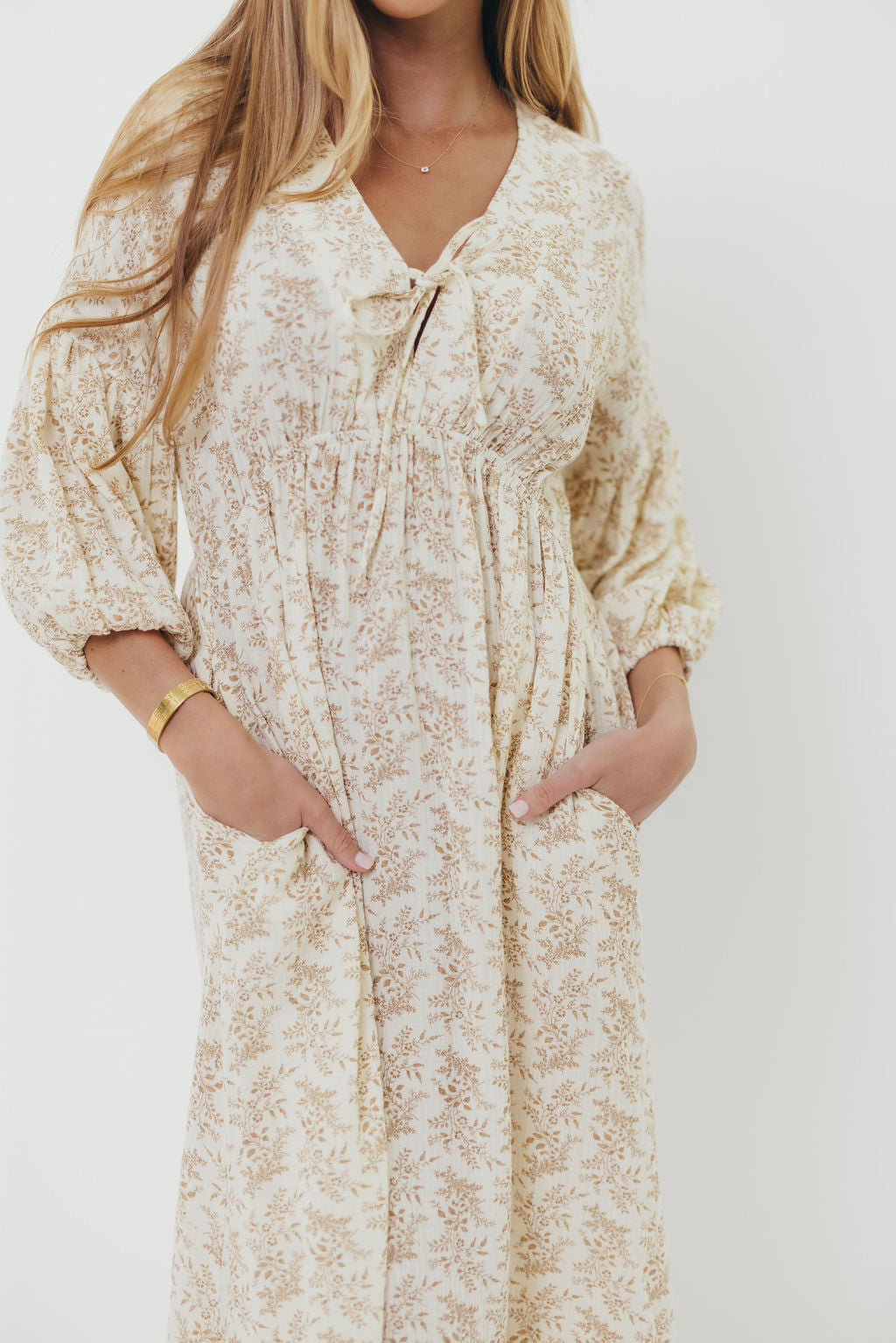 Hunter 100% Cotton Gauze Midi Dress in Natural/Tan Floral - Bump Friendly