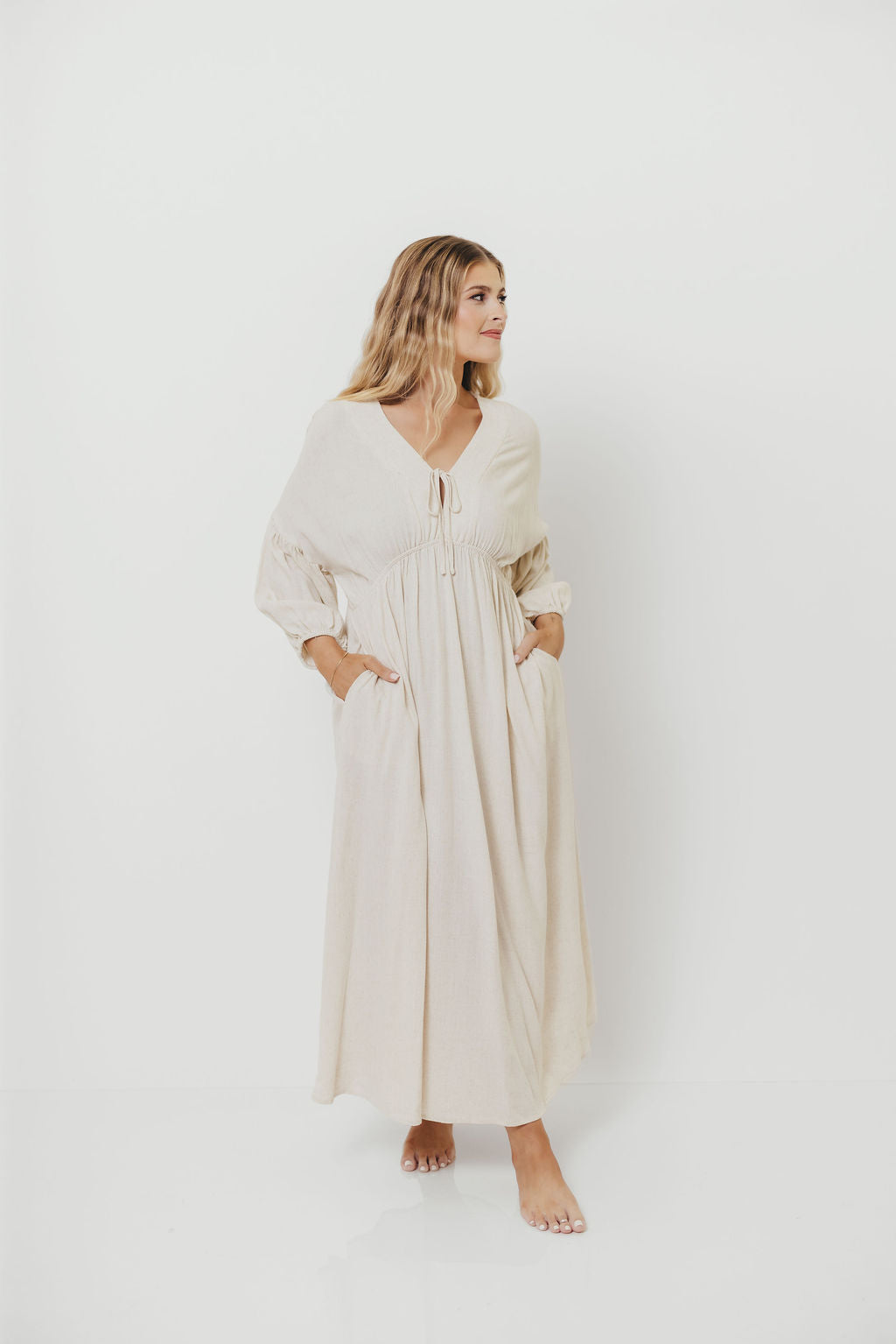 Hunter Linen-Blend Midi Dress in Greige - Bump Friendly