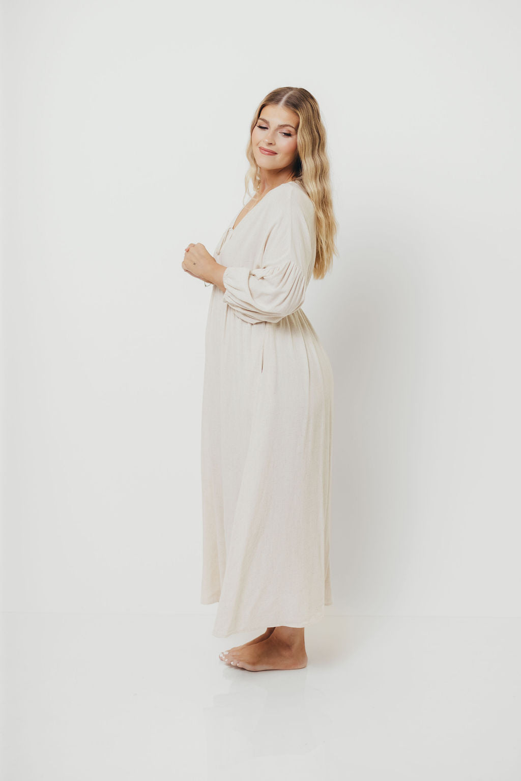 Hunter Linen-Blend Midi Dress in Greige - Bump Friendly