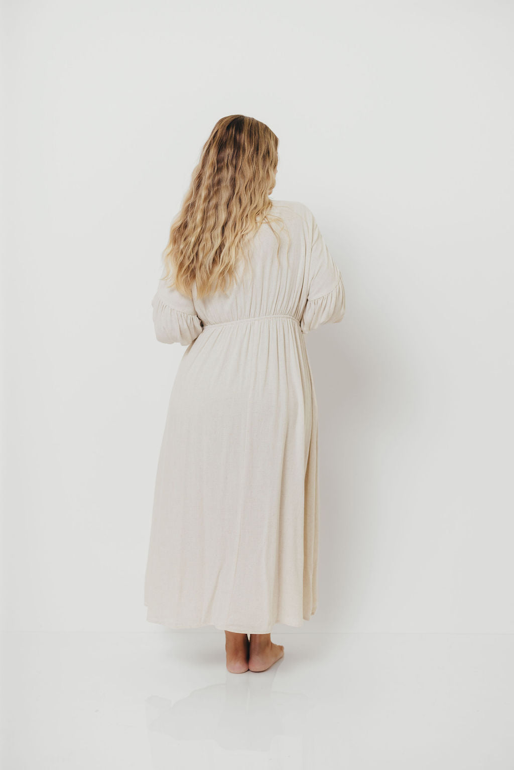 Hunter Linen-Blend Midi Dress in Greige - Bump Friendly