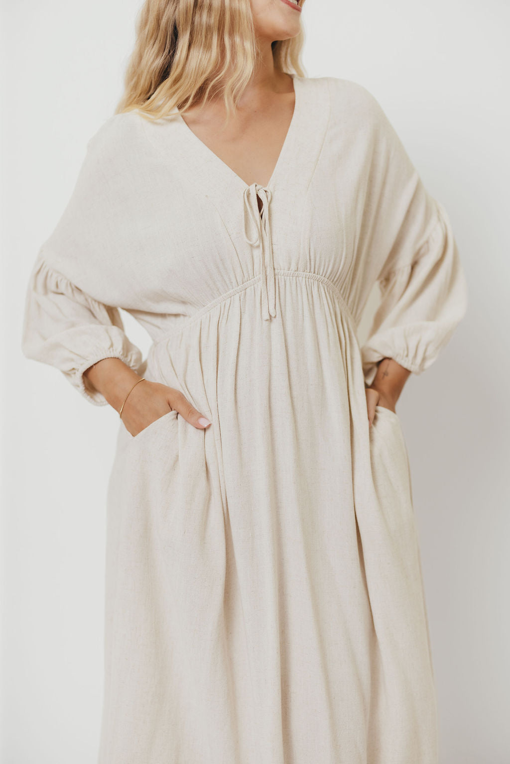 Hunter Linen-Blend Midi Dress in Greige - Bump Friendly