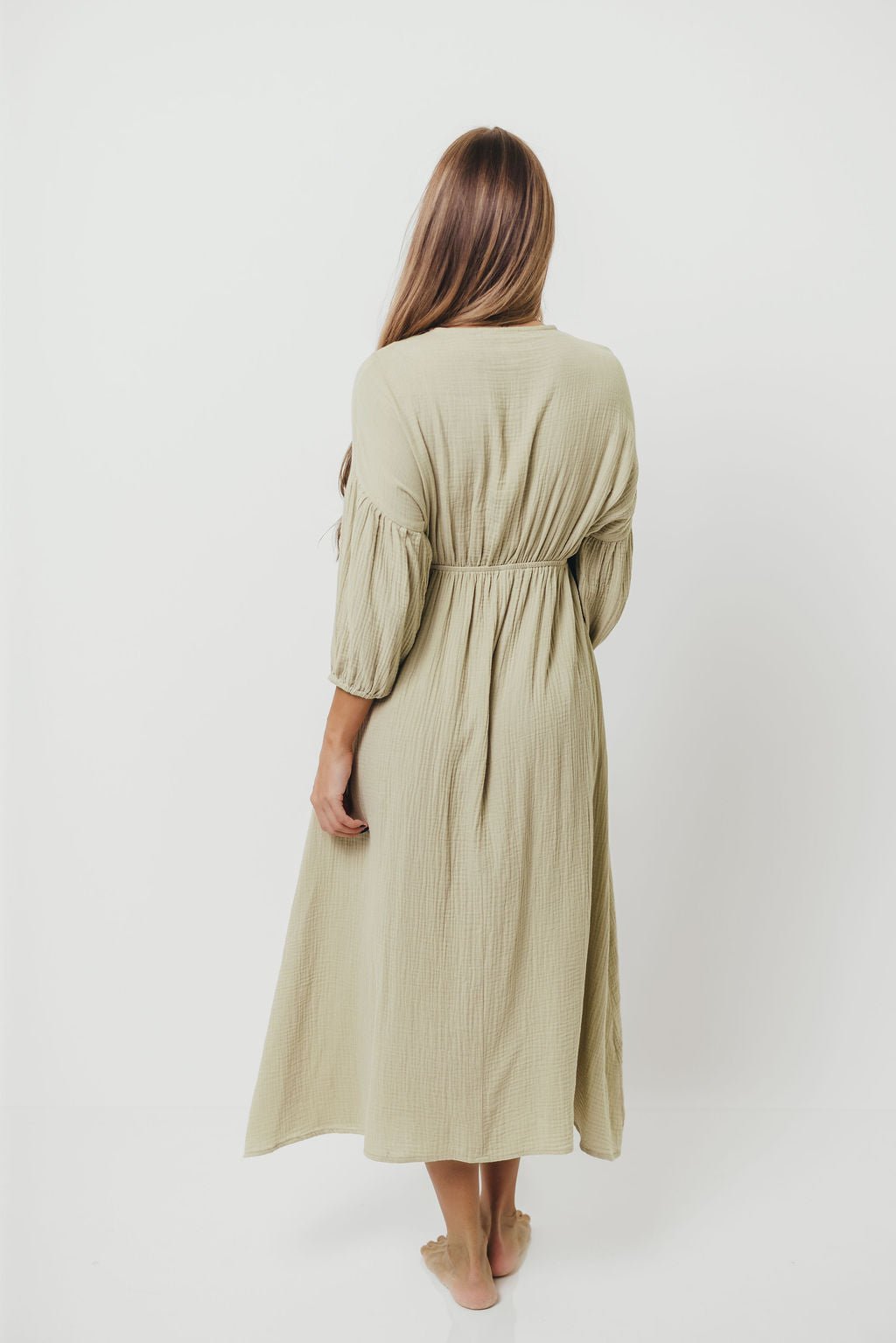 Hunter 100% Cotton Gauze Midi Dress in Thyme - Bump Friendly and Inclusive Sizing