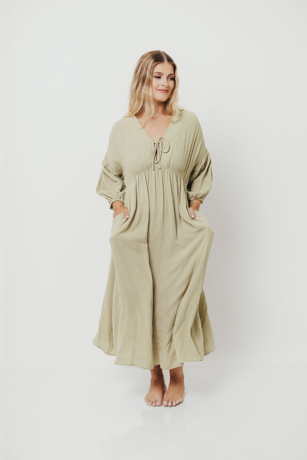 Hunter 100% Cotton Gauze Midi Dress in Thyme - Bump Friendly and Inclusive Sizing
