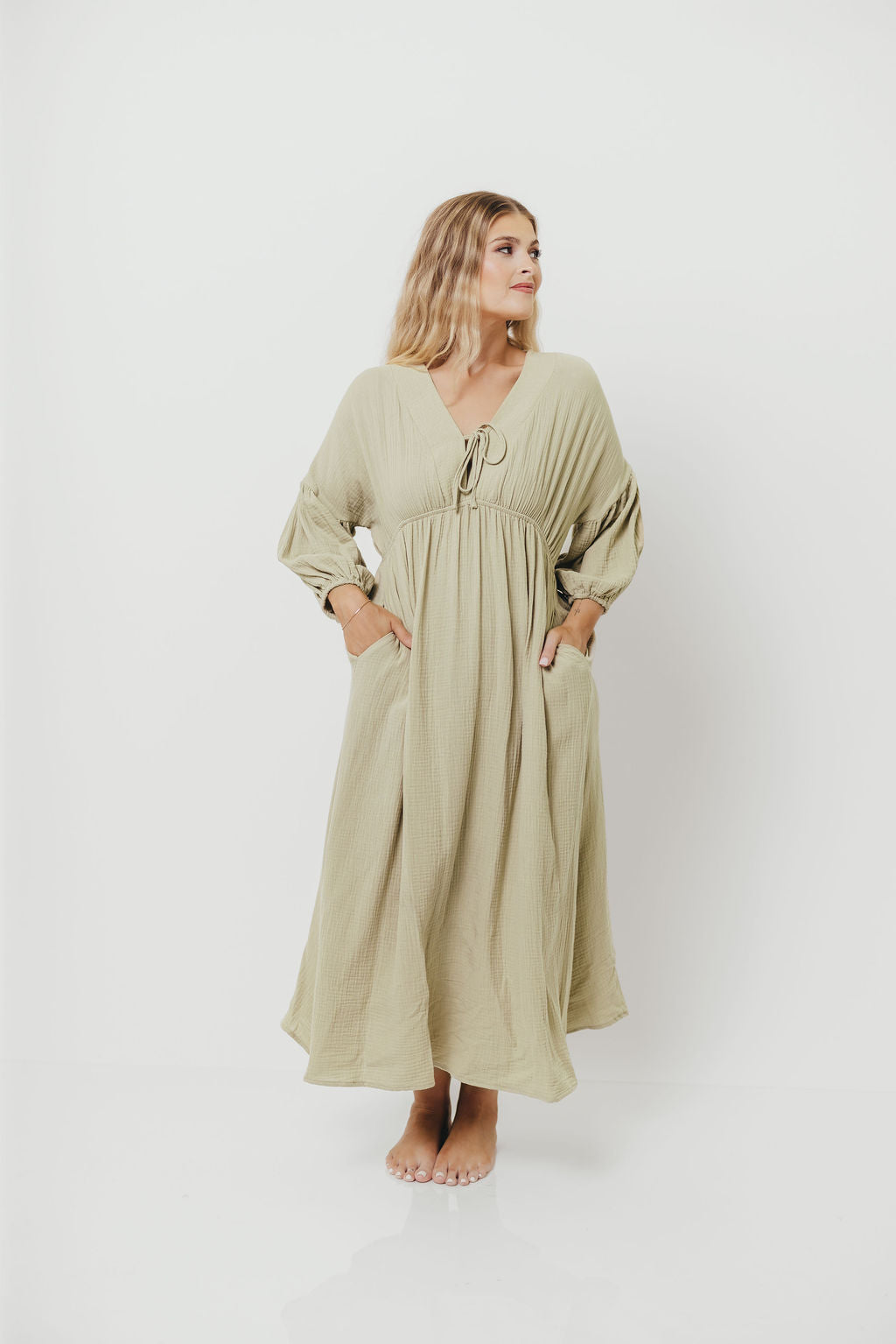 Hunter 100% Cotton Gauze Midi Dress in Thyme - Bump Friendly and Inclusive Sizing
