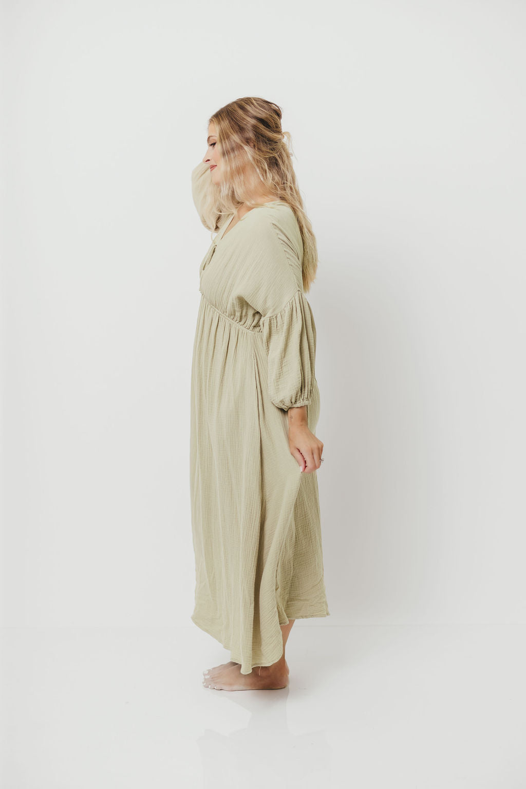 Hunter 100% Cotton Gauze Midi Dress in Thyme - Bump Friendly and Inclusive Sizing