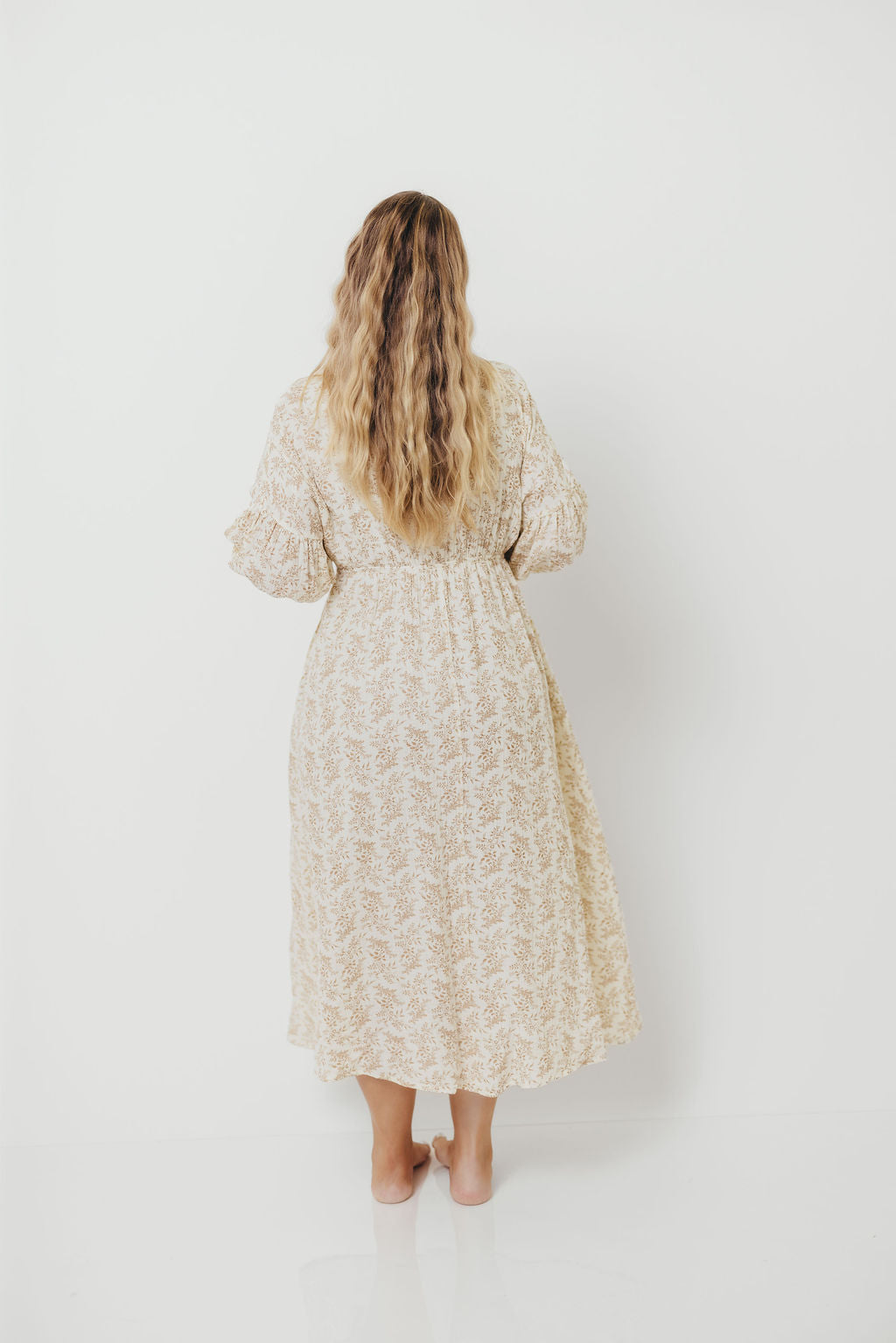 Hunter 100% Cotton Gauze Midi Dress in Natural/Tan Floral - Bump Friendly