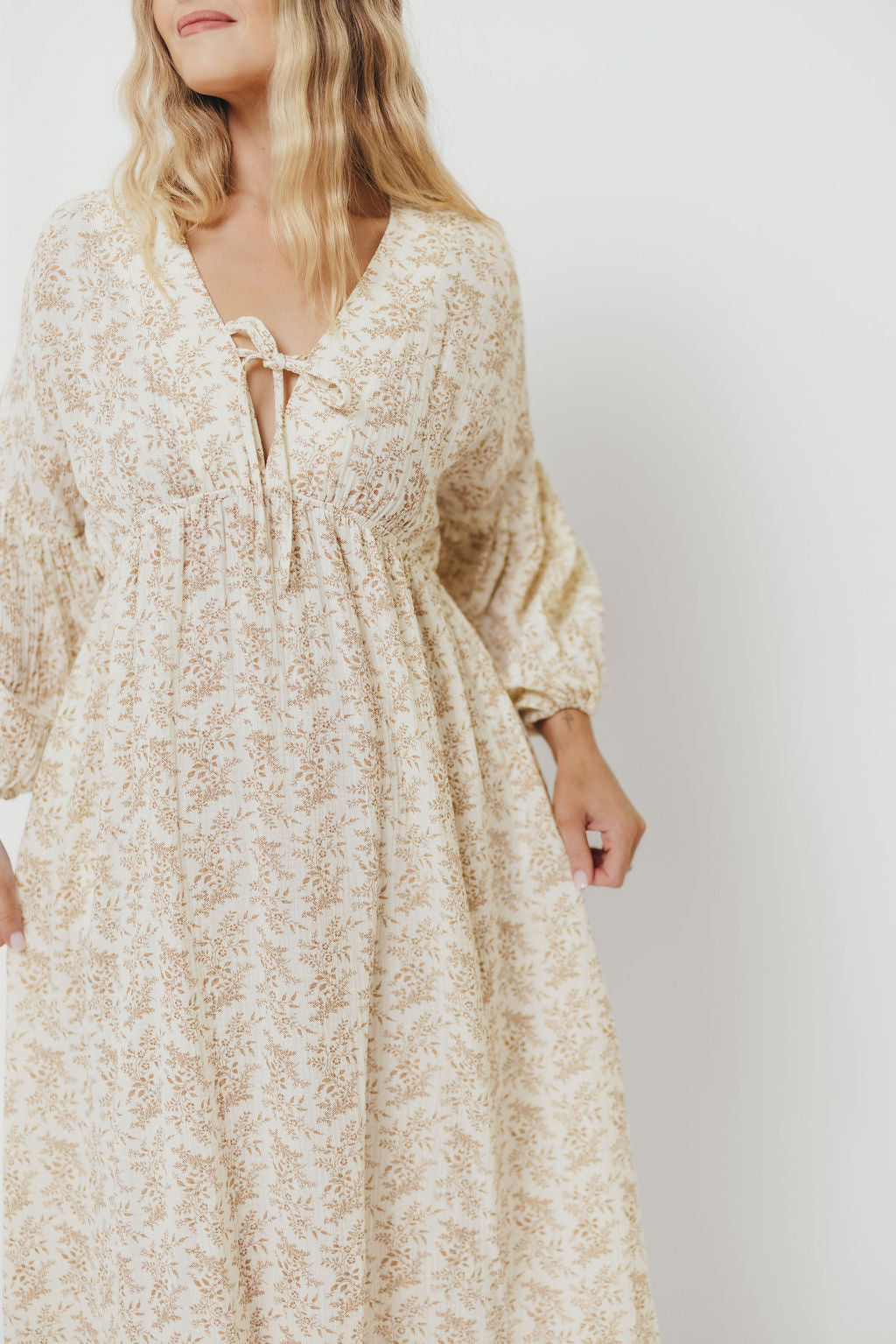 Hunter 100% Cotton Gauze Midi Dress in Natural/Tan Floral - Bump Friendly