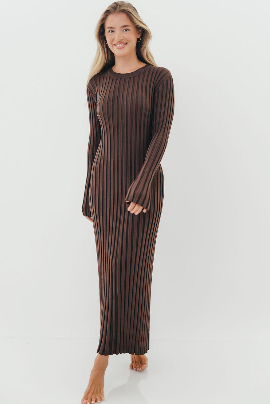 Colette Premium Long Sleeved Ribbed Knit Maxi Dress in Brown - Bump Friendly