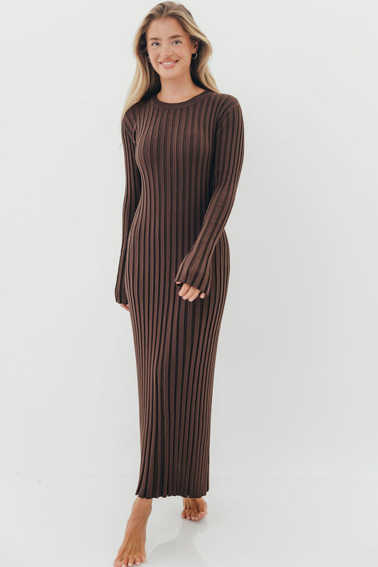 Colette Premium Long Sleeved Ribbed Knit Maxi Dress in Brown - Bump Friendly