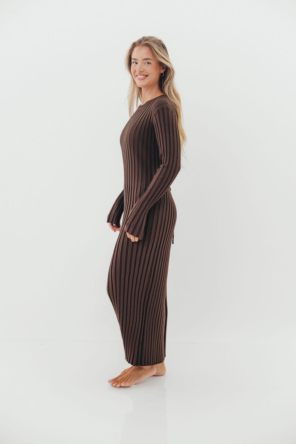 Colette Premium Long Sleeved Ribbed Knit Maxi Dress in Brown - Bump Friendly