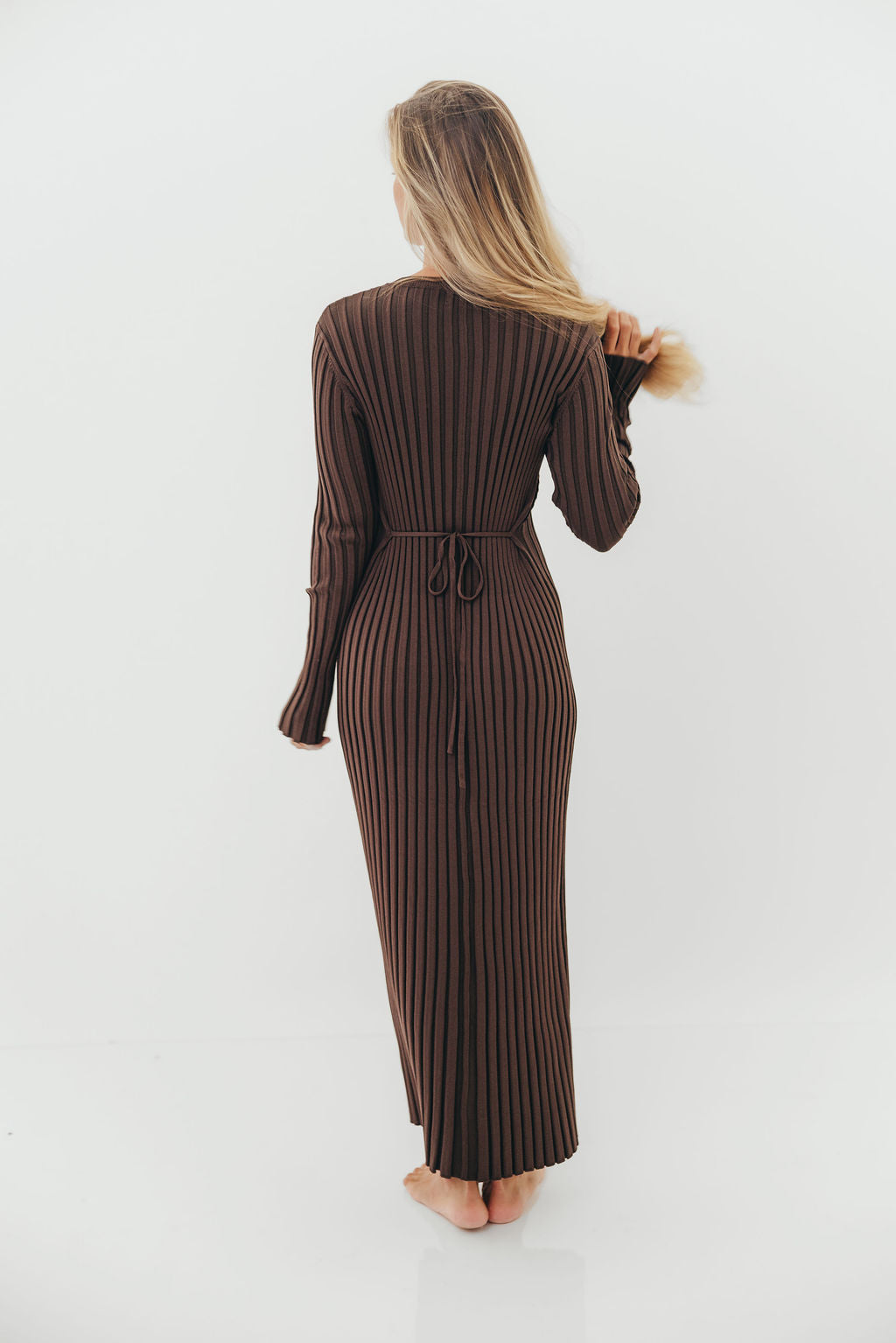 Colette Premium Long Sleeved Ribbed Knit Maxi Dress in Brown - Bump Friendly