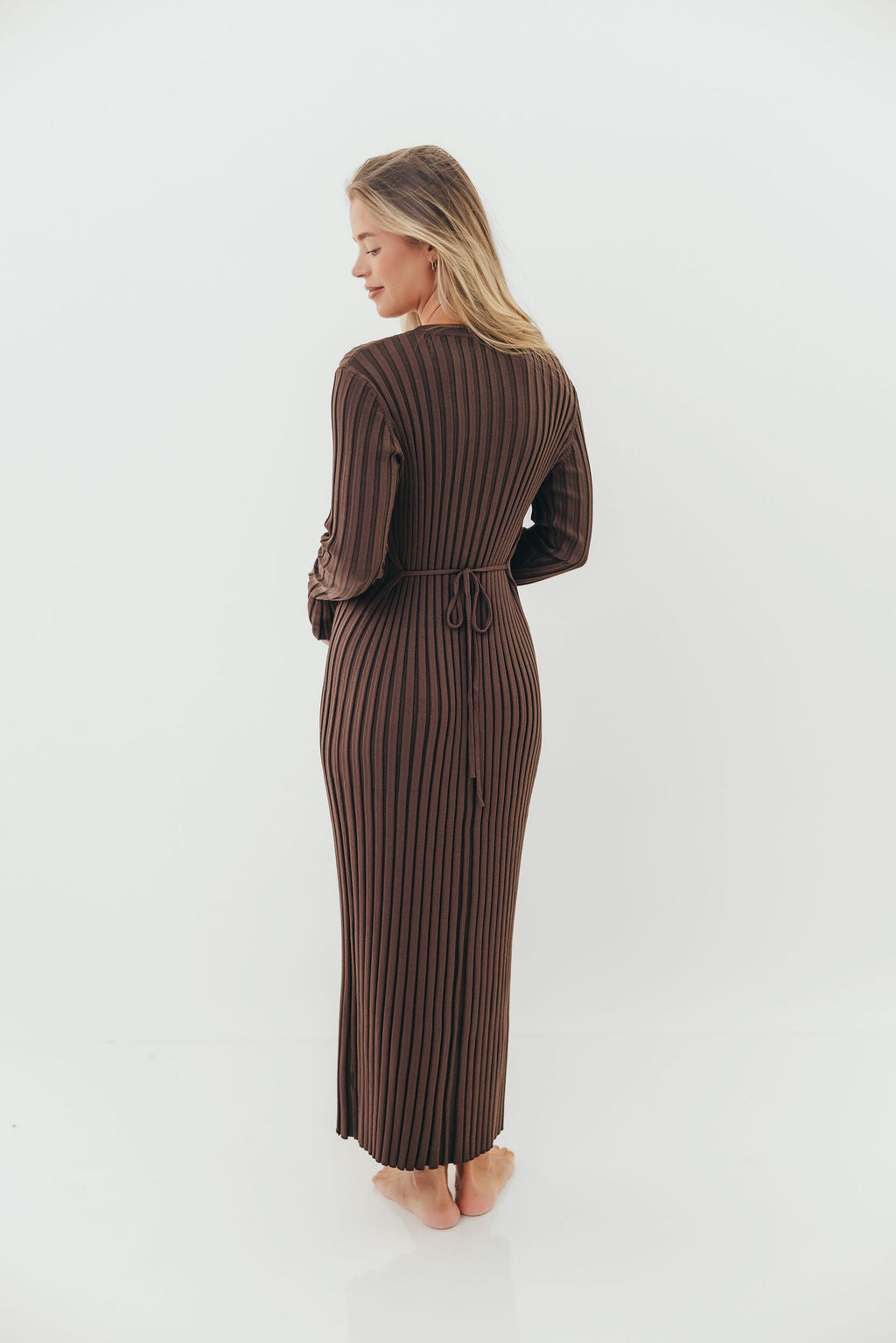 Colette Premium Long Sleeved Ribbed Knit Maxi Dress in Brown - Bump Friendly