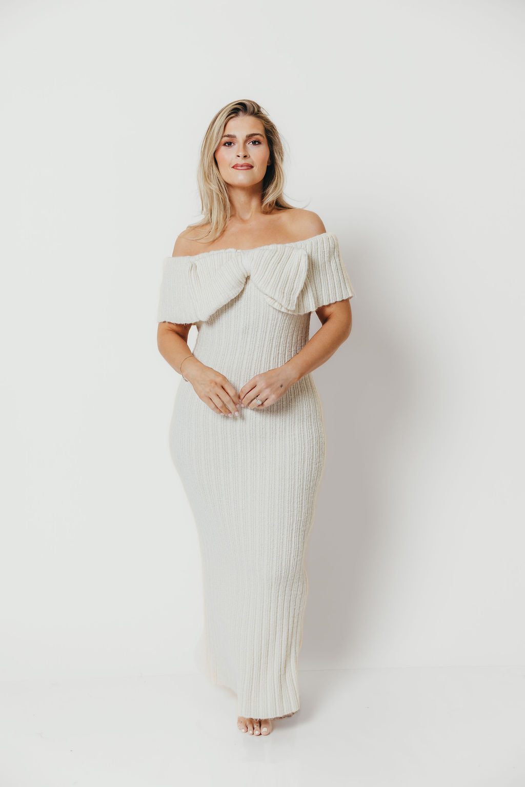 Aston Bow Front Maxi Sweater Dress in Ivory– Bump Friendly & Inclusive Sizing (S-3XL)