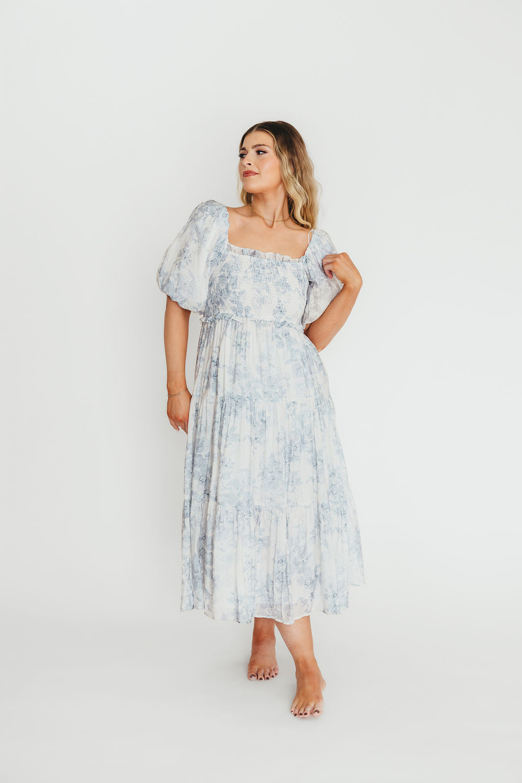 Elena Floral Print Smocked Midi Dress in Blue - Bump Friendly & Inclusive Sizing