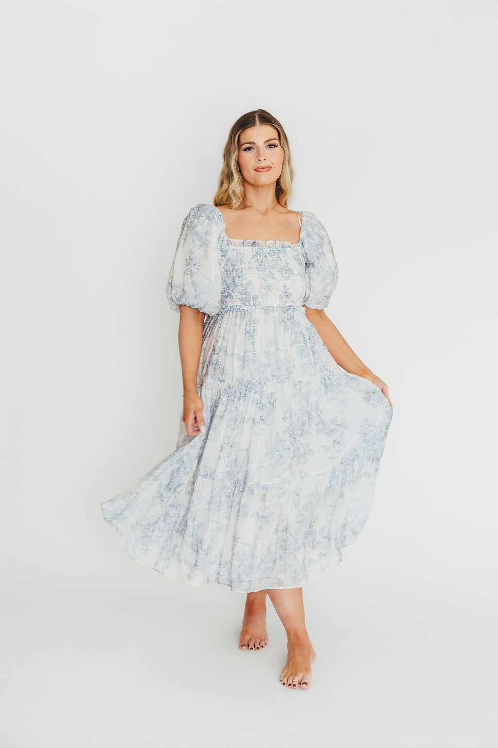 Elena Floral Print Smocked Midi Dress in Blue - Bump Friendly & Inclusive Sizing
